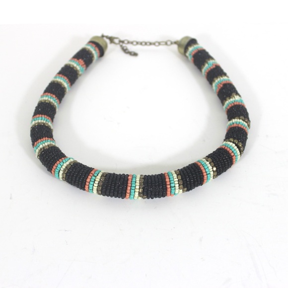 Vintage African Style Thick Beaded Necklace Black Pink Brass Gold - Picture 3 of 8